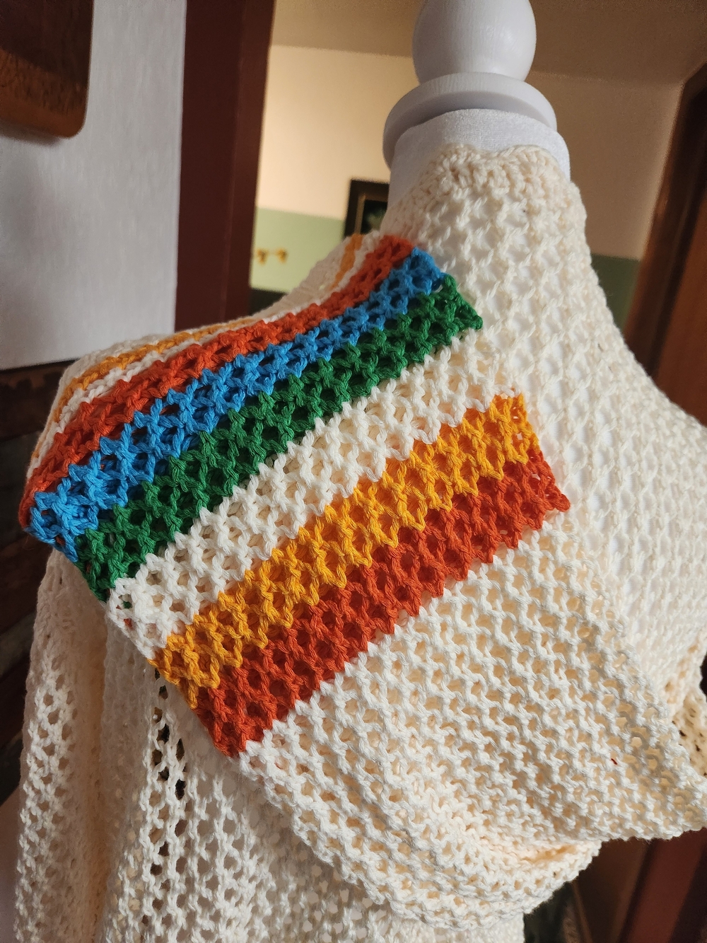 Retro Crochet Granny Square Open-Stitch Cardigan with Boho Rainbow Cuffs - Picture 7 of 8